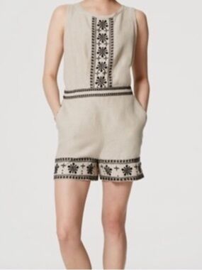 LOFT 100% Linen Embroidered Sleeveless Romper Size 14 Boho Beige Black Pockets